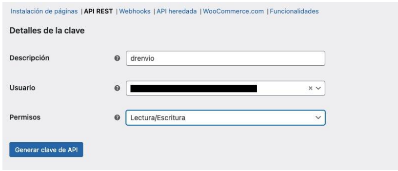 Integración Woocommerce crea una clave de API en WooCommerce