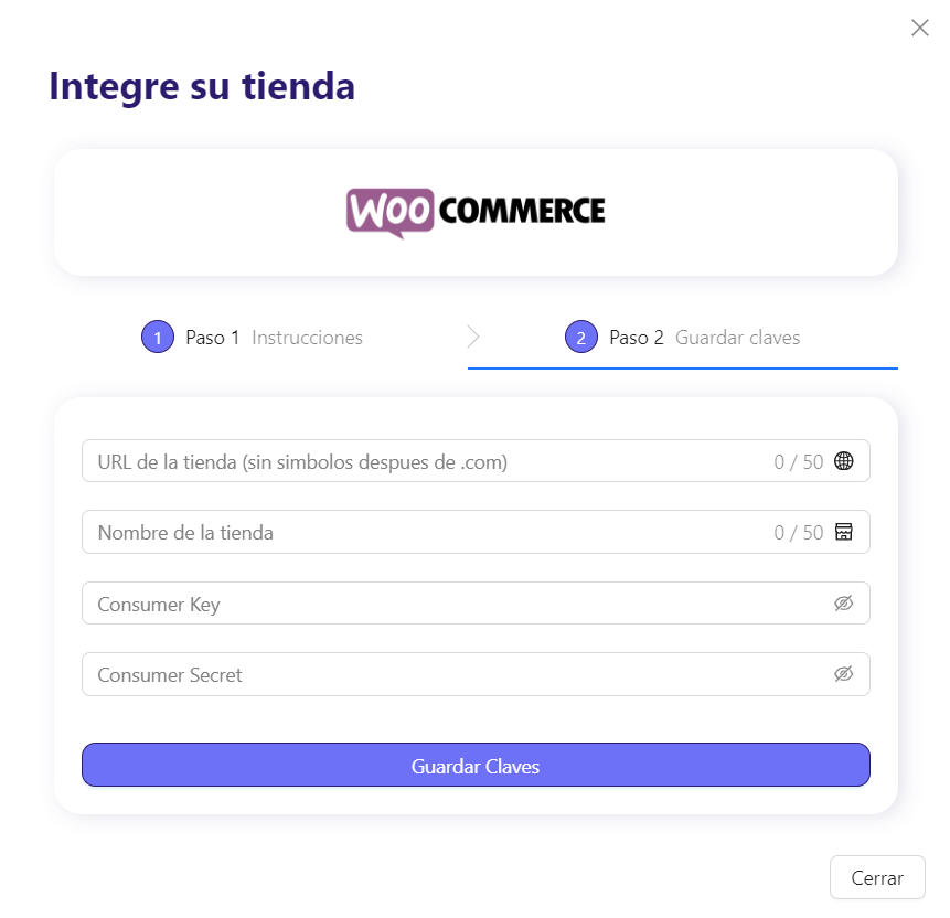 Integración Woocommerce, ingresa la dirección URL de tu tienda de WooCommerce